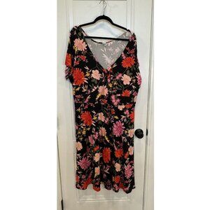 Old Navy Black Dress w/ Pink Yellow Red Floral V-Neck EUC 3xl 49in. Long